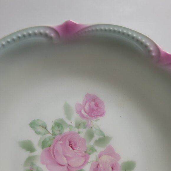 Koenigszelt Silesia Serving Bowl 9 Inch Pink Roses Green Leaves Beaded Boarder - Picture 5 of 15